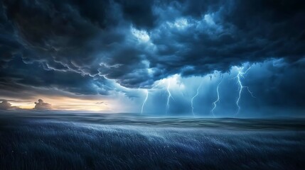 A flat, open landscape lies beneath brooding stormy skies.