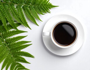 Coffee cup with fern leaves on white background