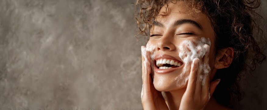 The joyful woman enjoying her cleansing skincare routine with a radiant smile.