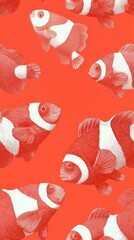 Seamless pattern of hand drawn clownfish swimming on orange background, vintage coastal resort style marine design with white and black striped fish for textile and surface decoration