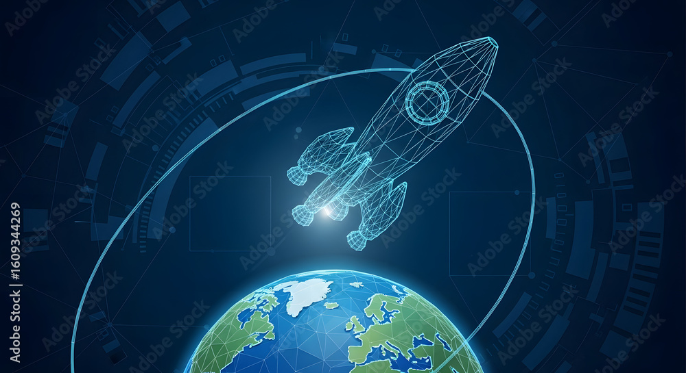 Poster spacecraft ascent: a digital illustration showcases a spacecraft's launch, with its trajectory orbit