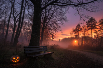  a spooky forest-sunset with haunted evil 