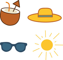 Tropical summer flat icons: sun, drink, hat, and sunglasses