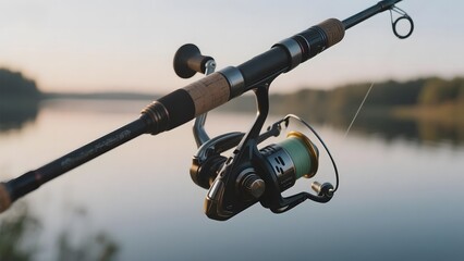 Fishing rod with reel against a serene lakeside backdrop during sunset