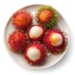 A delicious assortment of fresh rambutan fruit on a ceramic plate