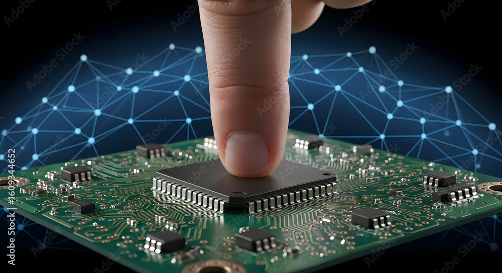 Poster digital connection: a human finger interacts with a central processing unit on a circuit board, symb