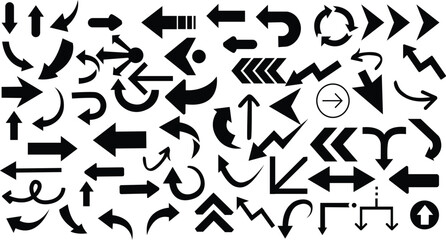 Bold black arrow vector set with diverse directions and modern motion styles. Perfect for UI design, wayfinding systems, digital maps, infographic flowcharts, and minimal navigation icons.