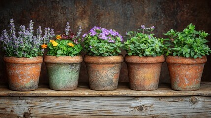 Fototapeta premium Five potted plants on wooden surface, colorful flora