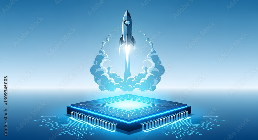 Poster digital ascent: a symbolic image of a rocket launching from a luminous, futuristic processor, agains