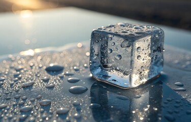 Transparent Ice Cube with Droplets on Reflective Surface, Macro Shot