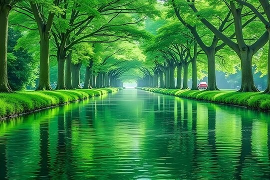 A serene canal bordered by lush trees, featuring calm green water reflecting the natural surroundings.