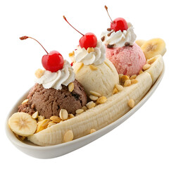 Classic Banana Split with Three Scoops and Toppings Isolated on White Background