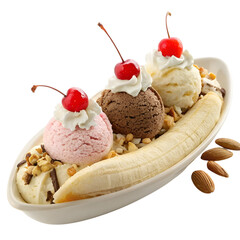 Classic Banana Split with Three Scoops and Toppings Isolated on White Background