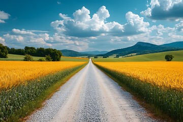 Gravel road dividing golden wheat fields high resolution picture