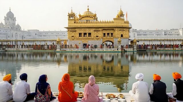 Golden Temple, Amritsar, Sikhs praying by the sacred pool, reflecting the magnificent gurdwara.
