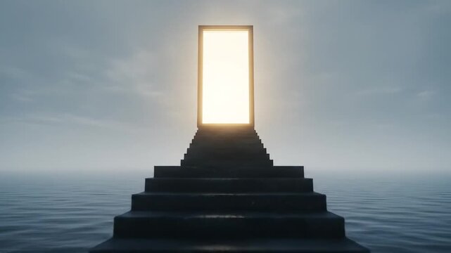 Stairway to light portal in misty water