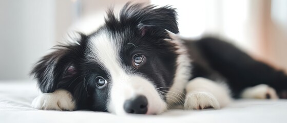 The adorable puppy resting on a cozy bed with captivating eyes.