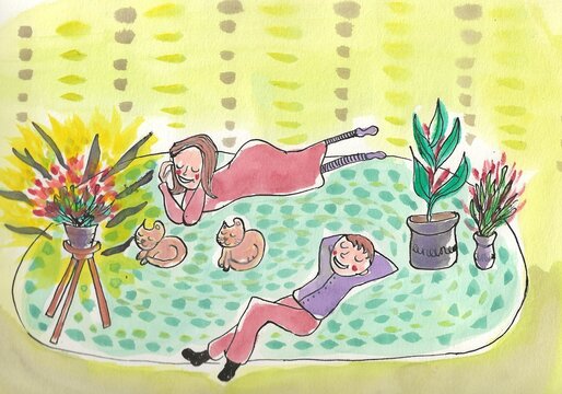 Couple and cats, living room, Sunday afternoon, Happy couple, plants and cats, relaxing, weekend 