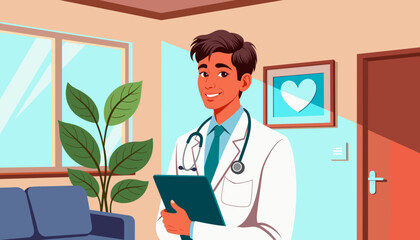 Male doctor smiling while holding clipboard in medical office, concept of International Doctor's Day  