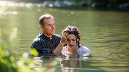 A religious figure baptizes a woman in a serene, natural body of water.