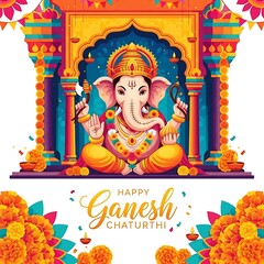 Colorful Ganesh Chaturthi Celebration Illustration with Lord Ganesha and Festive Decorations Showcasing Indian Culture