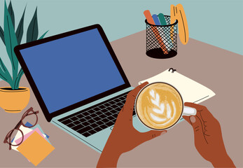 Flat vector illustration of black persons hands holding a coffee cup near a laptop and stationery on a desk. Top view of a cozy, modern workspace. Productive and relaxed office vibe.