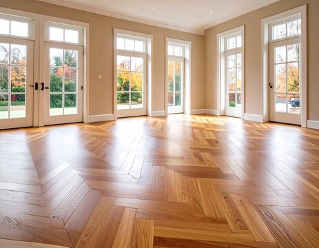 Fototapeta Spacious room with herringbone wood floors and large windows