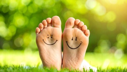 Barefoot with smiley faces drawn on soles, relaxing on lush green grass in a sunny park. Concept of happiness and well-being.