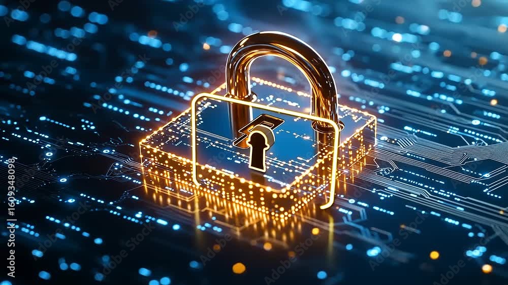 Aufkleber digital lock symbolizing cybersecurity on a circuit board background, representing data protection