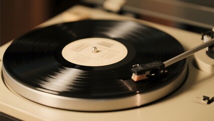 A vinyl record playing on a turntable with a stylus in motion