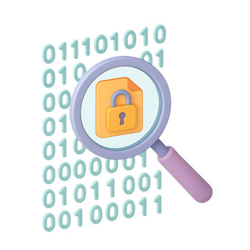 3d render isometric cartoon cybersecurity investigation concept with binary code magnifying glass and encrypted file icon in pastel colors data protection isolated on transparent background