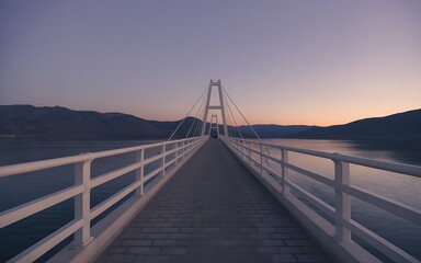 White suspension bridge walkway at dusk over water