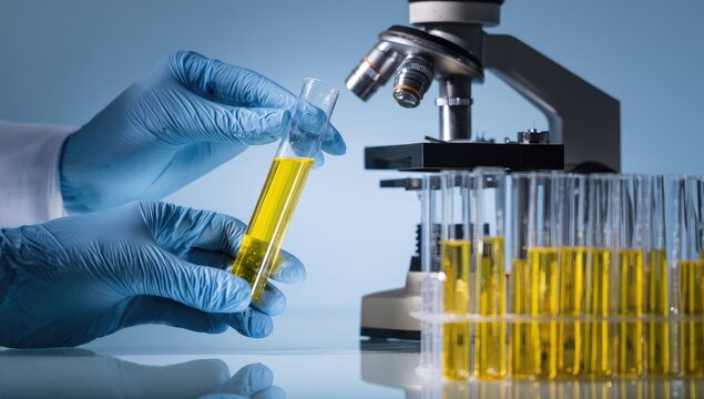 Scientist in blue gloves examines a yellow liquid in a test tube next to a microscope and test tubes