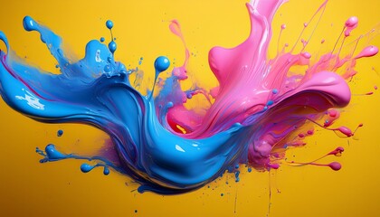 blue and pink paint splash on yellow background for creative abstract art color energy scene