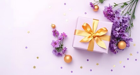 Puprle flowers gift box and confetti festive celebration