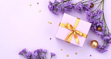 Puprle flowers gift box and confetti festive celebration