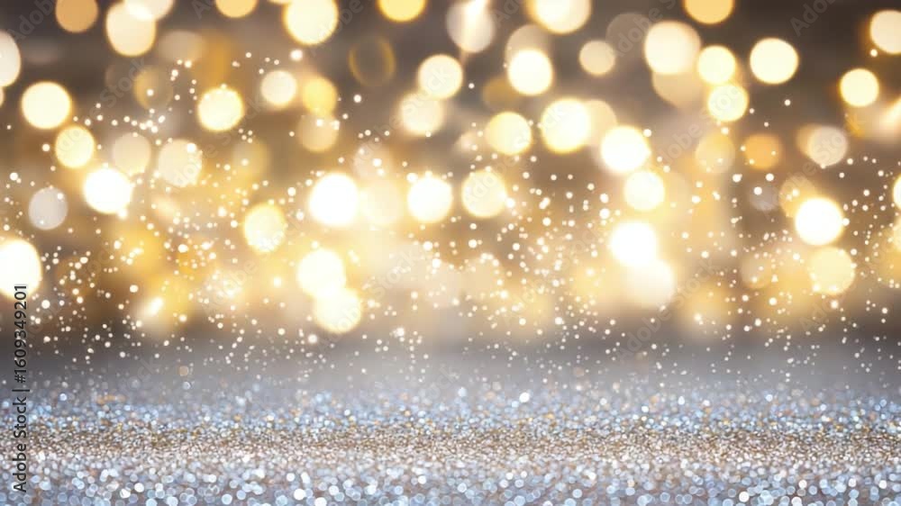 Poster sparkling background with soft bokeh lights for festive and elegant designs in gold and silver tones