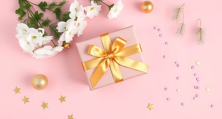 White flowers gift box and confetti festive celebration