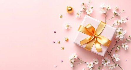 White flowers gift box and confetti festive celebration