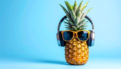 Tropical Pineapple with Headphones and Sunglasses on a Blue Background