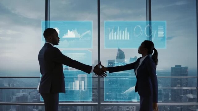 two business people do handshake interprenting professionals collaboration on futuristic holographic data displays overlooking a modern cityscape, showcasing growth and innovation. - Powered by Adobe