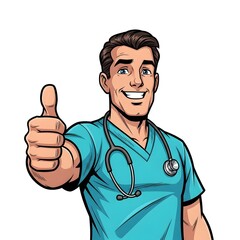 Smiling doctor in scrubs gives thumbs up, cartoon style illustration.