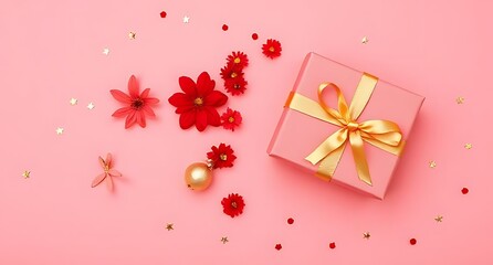 Red flowers gift box and confetti festive celebration