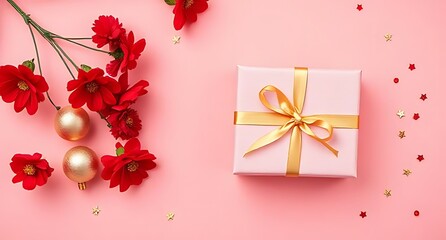 Red flowers gift box and confetti festive celebration