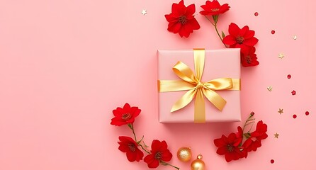 Red flowers gift box and confetti festive celebration