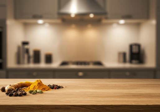 Blur an empty wooden table with spices to cook on the kitchen - area background for you to edit the product. Ai generate , Ai generative