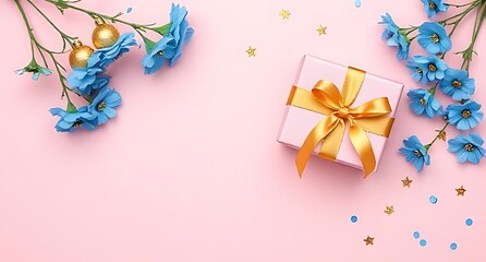 Blue flowers gift box and confetti festive celebration