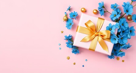 Blue flowers gift box and confetti festive celebration