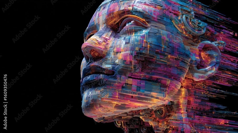 Poster futuristic vision featuring a robotic head with intricate details and glitching patterns set against