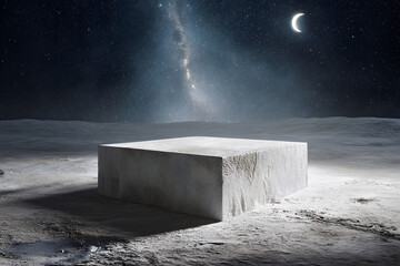Square Concrete Podium on Lunar Surface with Crescent Moon and Galaxy Sky